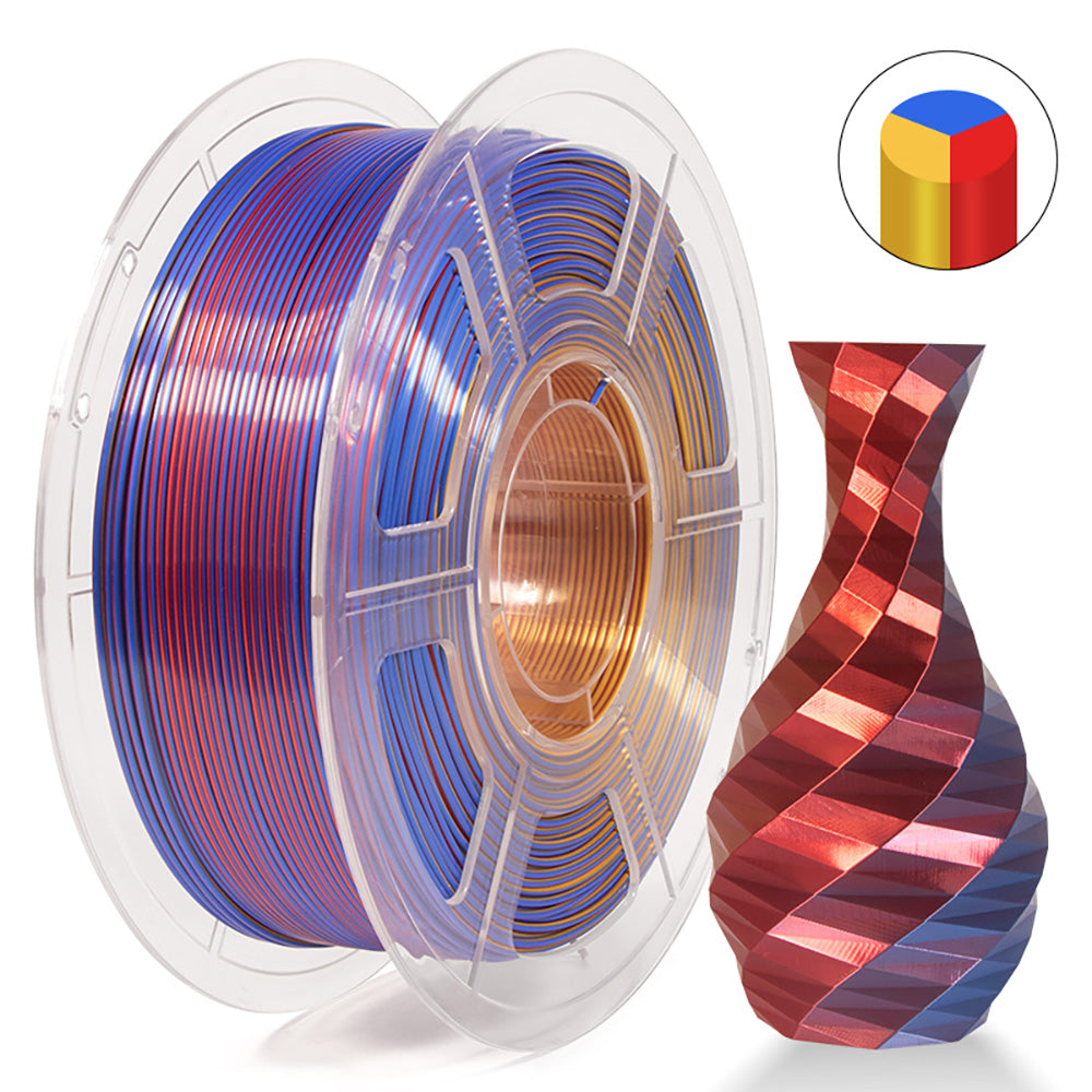 MINGDA Filamento de seda tricolor PLA, 1,75mm para impresora 3D, filamento PLA brillante filamento 1kg (2,2 lbs), oro rojo azul