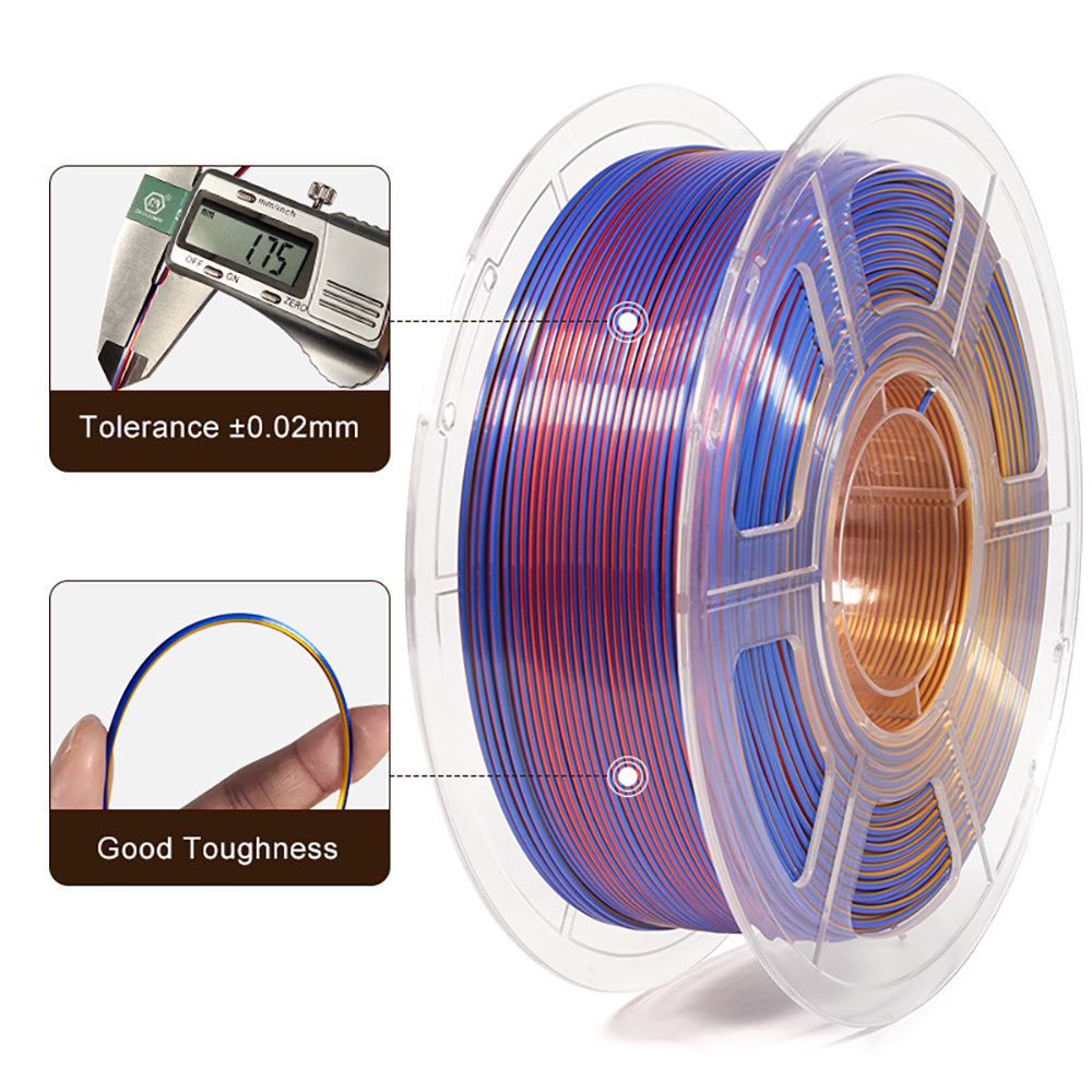 MINGDA Filamento de seda tricolor PLA, 1,75mm para impresora 3D, filamento PLA brillante filamento 1kg (2,2 lbs), oro rojo azul
