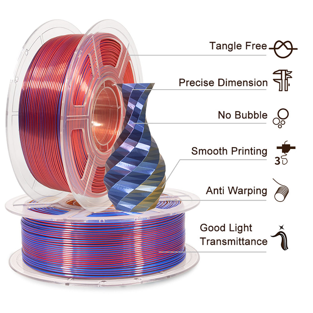 MINGDA Filamento de seda tricolor PLA, 1,75mm para impresora 3D, filamento PLA brillante filamento 1kg (2,2 lbs), oro rojo azul