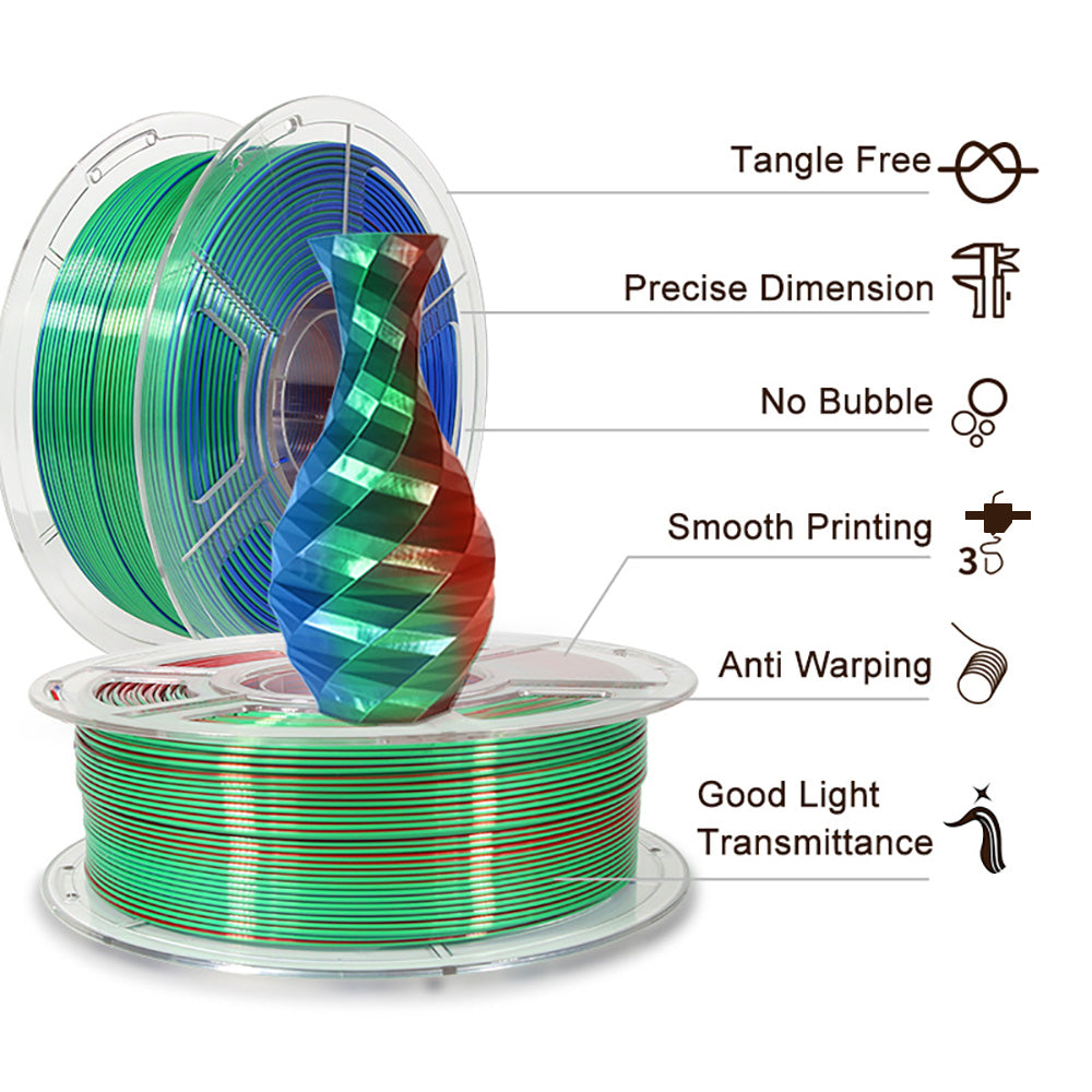 Mingda seda tricolor Pla filamento, 1,75mm para impresora 3D, filamento Pla brillante filamento 1kg(2.2lbs), rojo verde azul